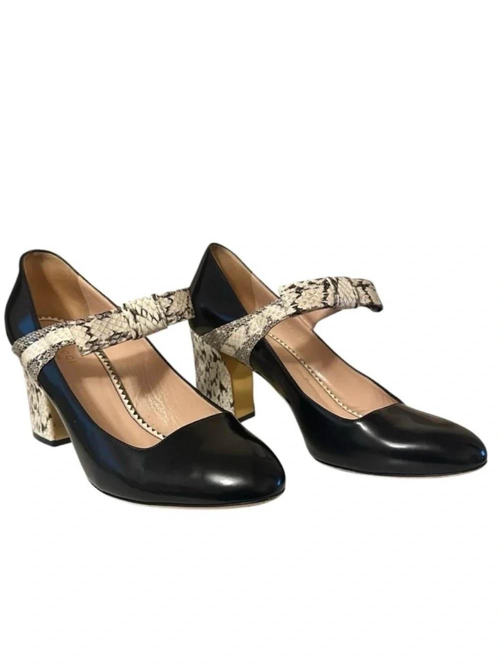 GUCCI Nimue Black Snakeskin Bow Leather Mary Jane Block Heel Pumps 38